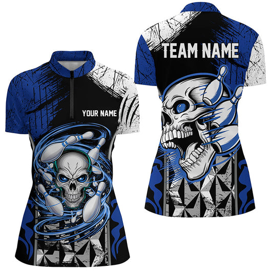 Blue And Black Custom Skull Bowling Shirts, Bowling Quarter Zip Shirts For Women IPHW6751