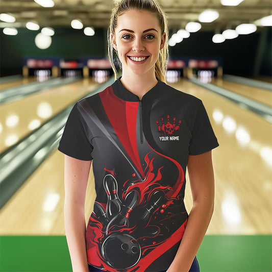 Red And Black Flame Bowling Team Shirts, Bowling Short Sleeve Quarter Zip Shirts For Women IPHW6755