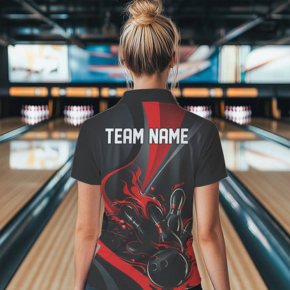Red And Black Flame Bowling Team Shirts, Bowling Short Sleeve Quarter Zip Shirts For Women IPHW6755