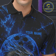 Load image into Gallery viewer, Close-up front view of the left chest area on a blue custom bowling polo shirt featuring an ancient dragon, flames, and a moon-inspired bowling ball design.