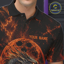 Load image into Gallery viewer, Close-up front view of the left chest area on an orange custom bowling polo shirt featuring an ancient dragon, flames, and a moon-inspired bowling ball design.