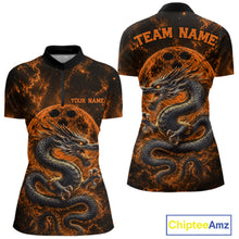 Load image into Gallery viewer, Front and back views of an orange custom women's quarter-zip bowling shirt featuring an ancient dragon, flames, and a moon-inspired bowling ball design.