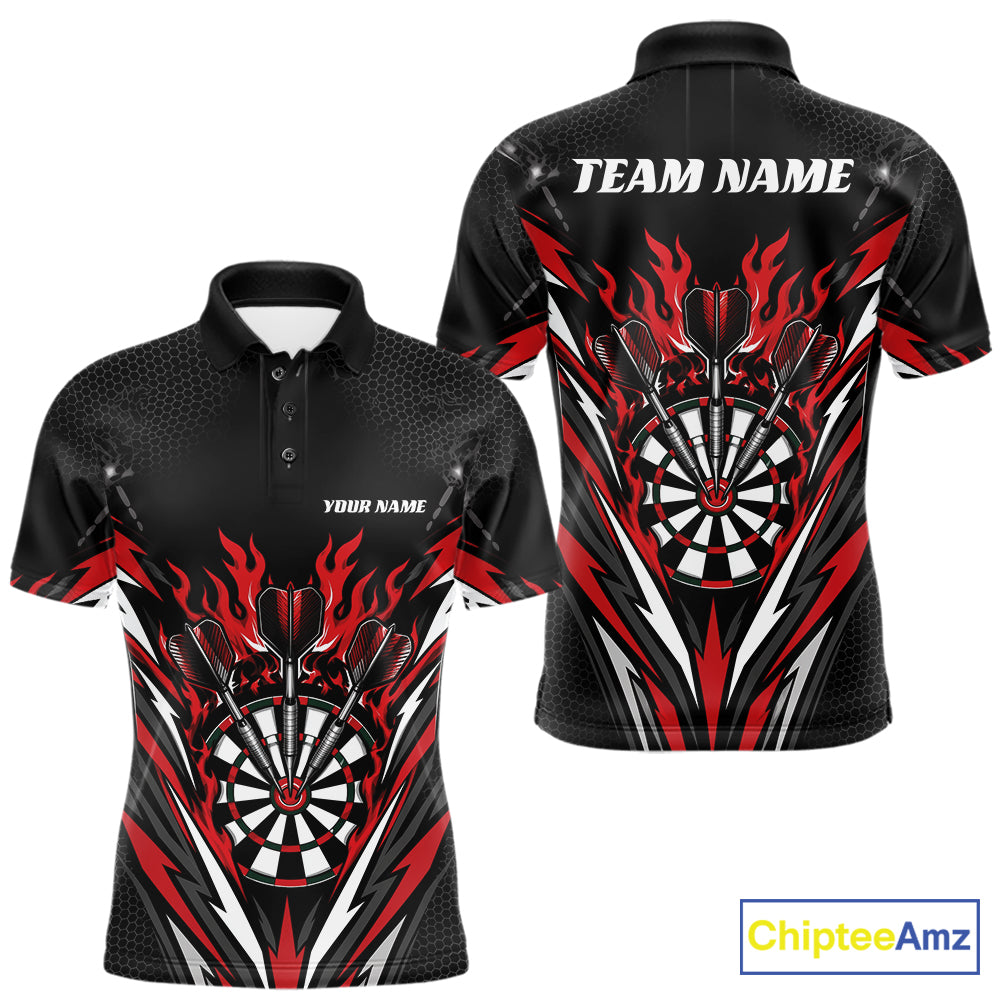 Custom Black And Red Flame Bullseye Darts Men Polo Shirt, Darts Team Jerseys IPHW11717