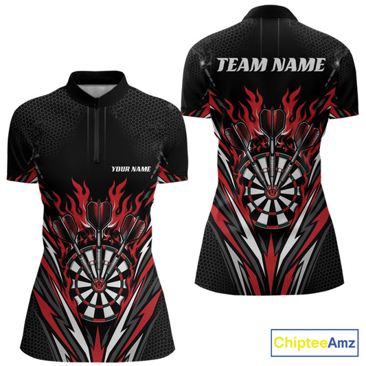 Custom Black And Red Flame Bullseye Darts Women Quarter-Zip Shirt, Darts Team Jerseys IPHW11717