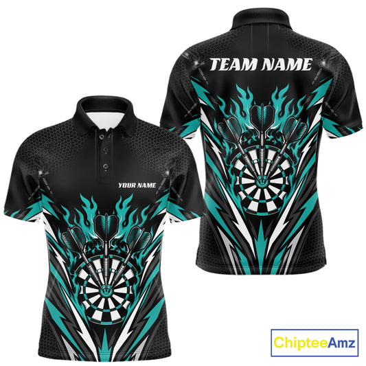Custom Black And Turquoise Blue Flame Bullseye Darts Men Polo Shirt, Darts Team Jerseys IPHW11718