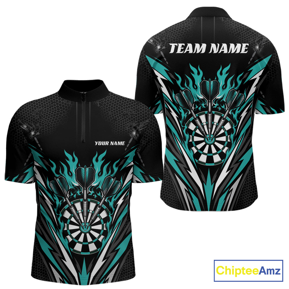 Custom Black And Turquoise Blue Flame Bullseye Darts Men Quarter Zip Shirt, Darts Team Jerseys IPHW11718