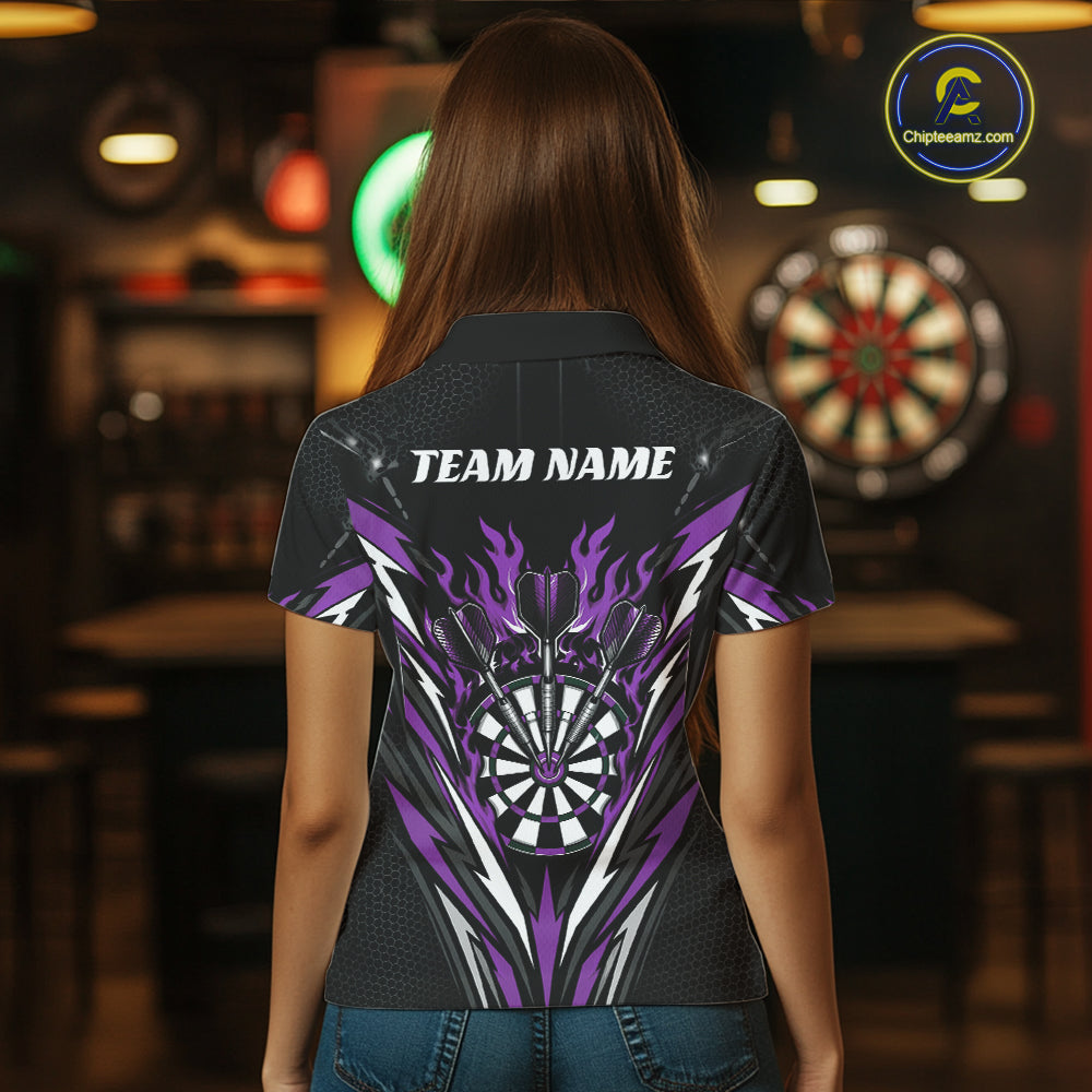 Custom Black And Purple Flame Bullseye Darts Women Polo Shirt, Darts Team Jerseys IPHW11720