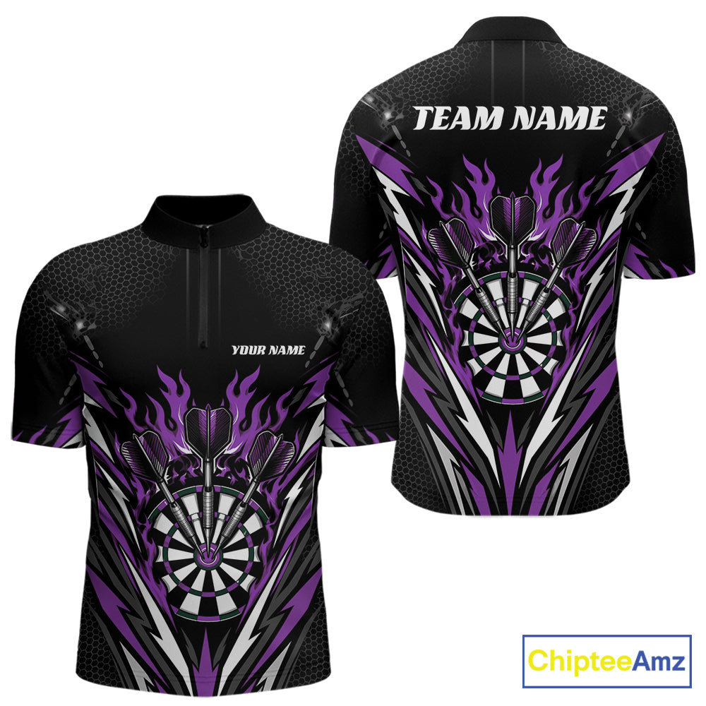 Custom Black And Purple Flame Bullseye Darts Men Quarter Zip Shirt, Darts Team Jerseys IPHW11720