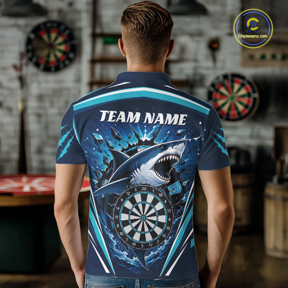 Custom Blue Shark With Broken Dartboard Darts Team Polo Shirt For Men, Darts League Shirt IPHW11736