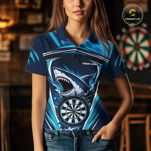 Custom Blue Shark With Broken Dartboard Darts Team Polo Shirt For Women, Darts League Shirt IPHW11736