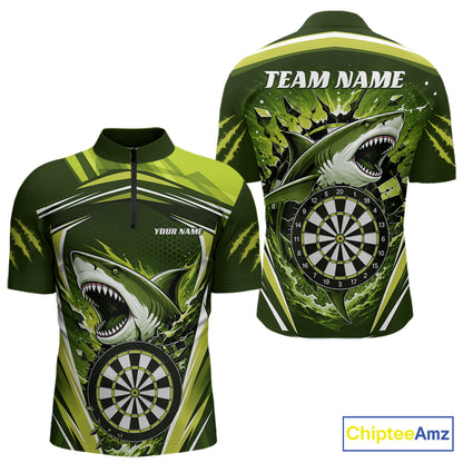 Custom Green Shark With Broken Dartboard Darts Team Men Quarter Zip Shirt, Darts League Shirt IPHW11737