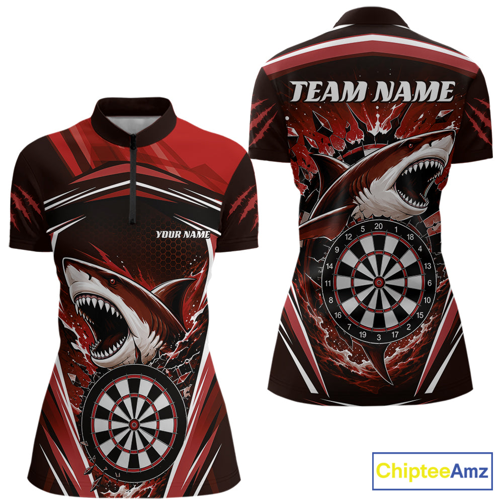 Custom Red Shark With Broken Dartboard Darts Quarter-Zip Shirt Women, Darts League Shirt IPHW11738