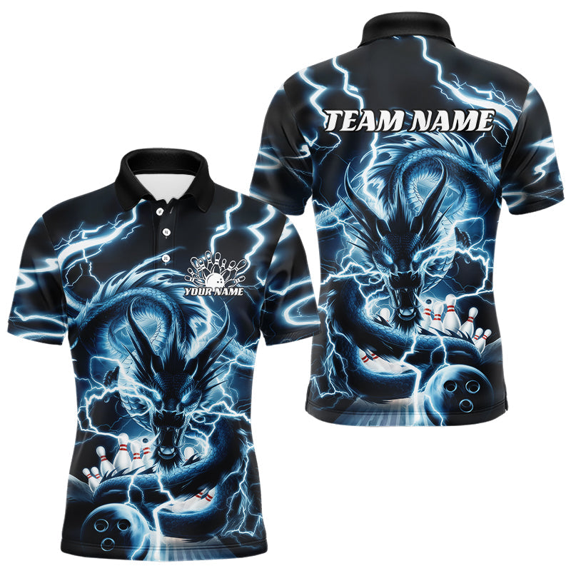 Custom Black And Blue Thunder Lightning Dragon Bowling Team Polo Shirts For Men Bowler Shirt IPHW8076