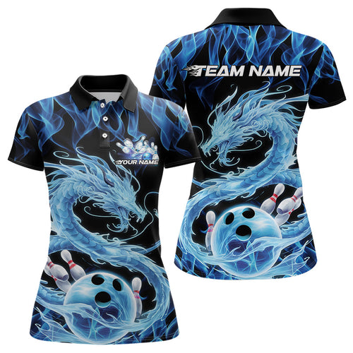 Black And Blue Custom Flame Dragon Bowling Polo Shirts For Women, Bowling League Shirt IPHW8079