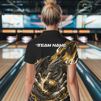 Custom Yellow Flame Dragon Bowling Women Polo Team Shirts, Bowling Tournament Shirt IPHW10361