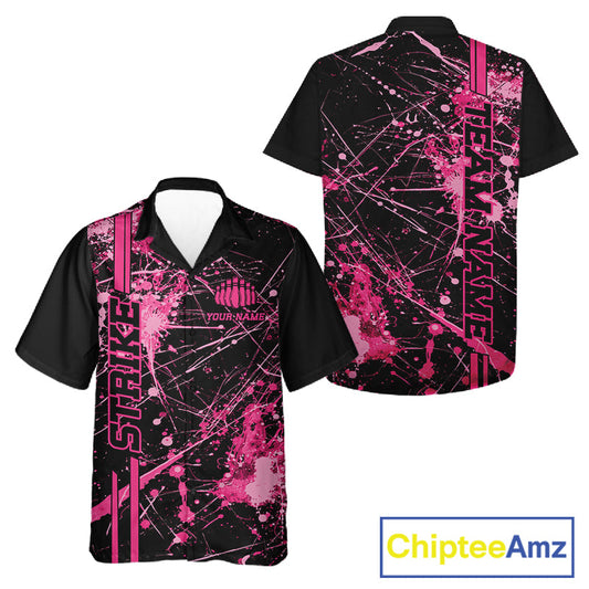 Custom Black And Pink Splatter Camo Strike Bowling League Shirts, Men And Women Bowling Jerseys IPHW10651
