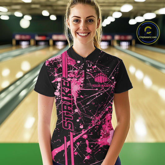 Custom Black And Pink Splatter Camo Strike Bowling League Shirts, Women Bowling Jerseys IPHW10651