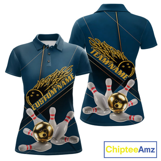Custom Blue And Gold Bowling Shirts For Women, Flame Bowling Team Shirts Bowling Uniform IPHW10661