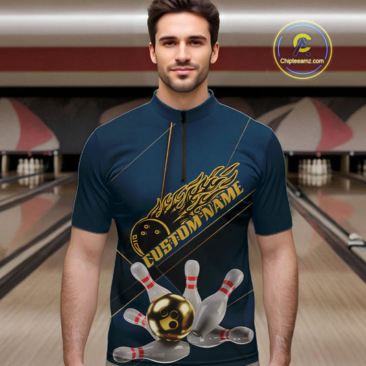 Custom Blue And Gold Bowling Shirts For Men, Flame Bowling Team Shirts Bowling Uniform IPHW10661