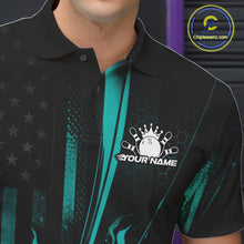 Load image into Gallery viewer, Close-up of a black and turquoise blue bowling polo shirt left chest featuring patriotic flames and bowling action graphics.