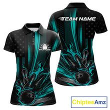 Load image into Gallery viewer, Front and back view of a black and turquoise blue women’s bowling polo shirt featuring a distressed American flag theme and bowling ball striking pins.
