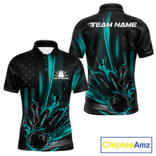 Load image into Gallery viewer, Front and back view of a black and turquoise blue men’s bowling polo shirt featuring a distressed American flag theme and bowling ball striking pins.
