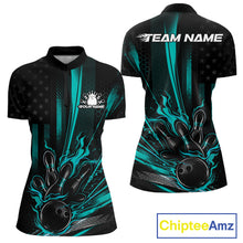 Load image into Gallery viewer, Custom Turquoise Blue US Flag Patriotic Women Bowling Shirt, American Bowling Jersey IPHW11149