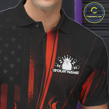 Load image into Gallery viewer, Close-up of a black and orange bowling polo shirt left chest showing patriotic flames and bowling strike motif.