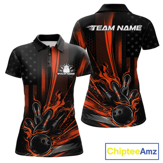 Front and back mockup of a black and orange women’s bowling polo shirt featuring a distressed American flag theme with a patriotic bowling strike design.