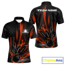 Load image into Gallery viewer, Front and back view of a black and orange men’s bowling polo shirt featuring a distressed American flag theme with a patriotic bowling ball striking pins.