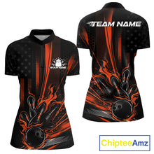 Load image into Gallery viewer, Custom Orange US Flag Patriotic Women Bowling Shirt, American Flame Bowling Jersey IPHW11150