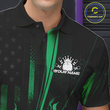 Load image into Gallery viewer, Close-up of a black and green bowling polo shirt left chest showcasing patriotic bowling strike graphics and flag-inspired flames.