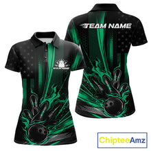 Load image into Gallery viewer, Front and back view of a black and green women’s bowling polo shirt featuring a distressed American flag theme with a patriotic bowling ball striking pins.