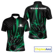 Load image into Gallery viewer, Front and back view of a black and green men’s bowling polo shirt featuring a distressed American flag theme with a patriotic bowling ball striking pins.