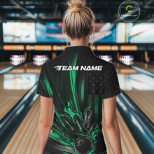 Load image into Gallery viewer, Custom Green US Flag Patriotic Women Bowling Shirt, American Flame Bowling Jersey IPHW11151
