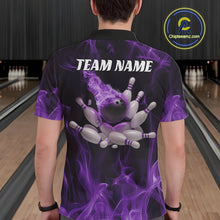 Load image into Gallery viewer, Back view of a male model in a bowling alley wearing a black and purple polo featuring bowling strike artwork and flame background.