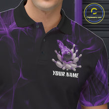 Load image into Gallery viewer, Close-up of a black and purple bowling polo shirt left chest showcasing a bowling ball crashing into pins with flame effects.