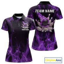 Load image into Gallery viewer, Front and back view of a black and purple women’s bowling polo shirt mockup showing a bowling ball crashing through pins with a fiery background design.