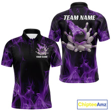 Load image into Gallery viewer, Front and back view of a black and purple men’s bowling polo shirt featuring a bowling ball crashing into scattered pins with a flames background.