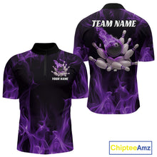 Load image into Gallery viewer, Front and back view of a black and purple mens bowling quarter-zip shirt featuring a bowling ball crashing into scattered pins with bold flame artwork.