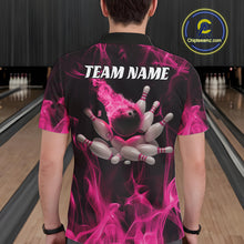 Load image into Gallery viewer, Back view of a male model in a bowling center wearing a black and pink polo showcasing bowling pins scattering with flame effects.