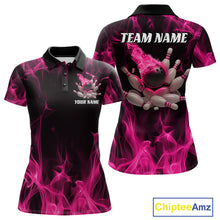 Load image into Gallery viewer, Front and back mockup of a black and pink womens bowling polo shirt featuring a bowling ball crashing into scattered pins with a blazing flame background.
