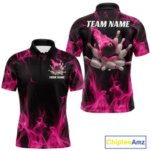 Load image into Gallery viewer, Front and back view of a black and pink men’s bowling polo shirt featuring a bowling ball crashing into scattered pins with a flames background.