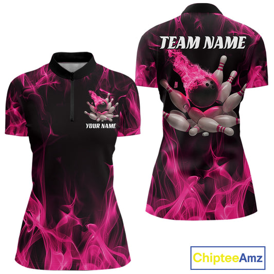 Front and back mockup of a black and pink women’s bowling quarter-zip shirt featuring a bowling ball crashing into scattered pins with blazing flame artwork.
