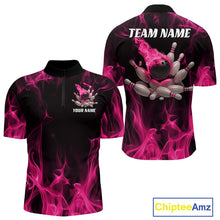 Load image into Gallery viewer, Front and back display of a black and pink mens bowling quarter-zip shirt featuring a bowling ball crashing into scattered pins with dynamic flame graphics.