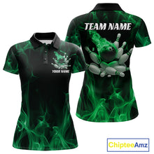 Load image into Gallery viewer, Front and back display of a black and green womens bowling polo shirt featuring a bowling ball crashing into scattered pins against a dramatic flames background.