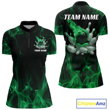 Load image into Gallery viewer, Front and back view of a black and green women’s bowling quarter-zip shirt featuring a bowling ball crashing into scattered pins with a fiery flame background.