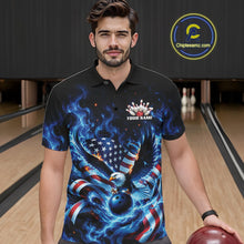Load image into Gallery viewer, Front view of a male model at the bowling lane wearing a polo shirt with flaming eagle graphics, blue bowling ball, American flag, and blue flames.