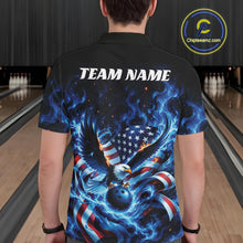 Load image into Gallery viewer, Back view of a male model in a bowling lane wearing a bowling polo shirt with flaming eagle artwork, blue bowling ball, flag details, and blue flames.