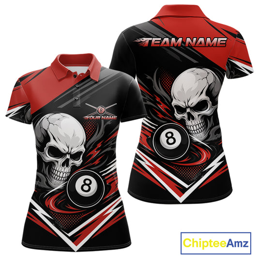 Custom Black And Red 8 Ball Skull Billiards Women Polo Shirt, Pool Team Shirt IPHW11746